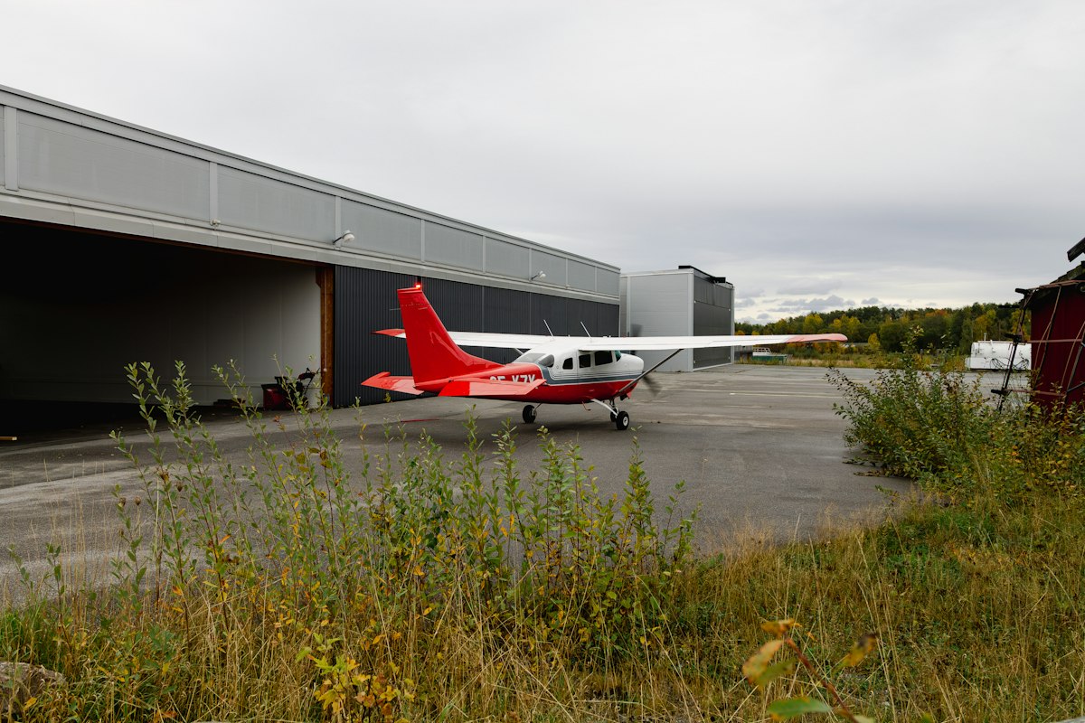 Light aircraft in a hangar